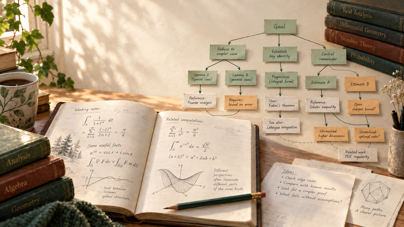 An illustrated mathematical notebook with a map of proof dependencies.